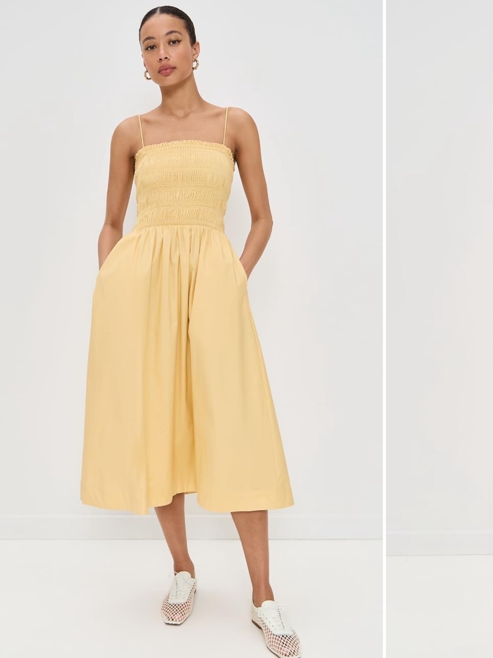 Reformation Kerrie Yellow Smocked Midi Dress with Pockets